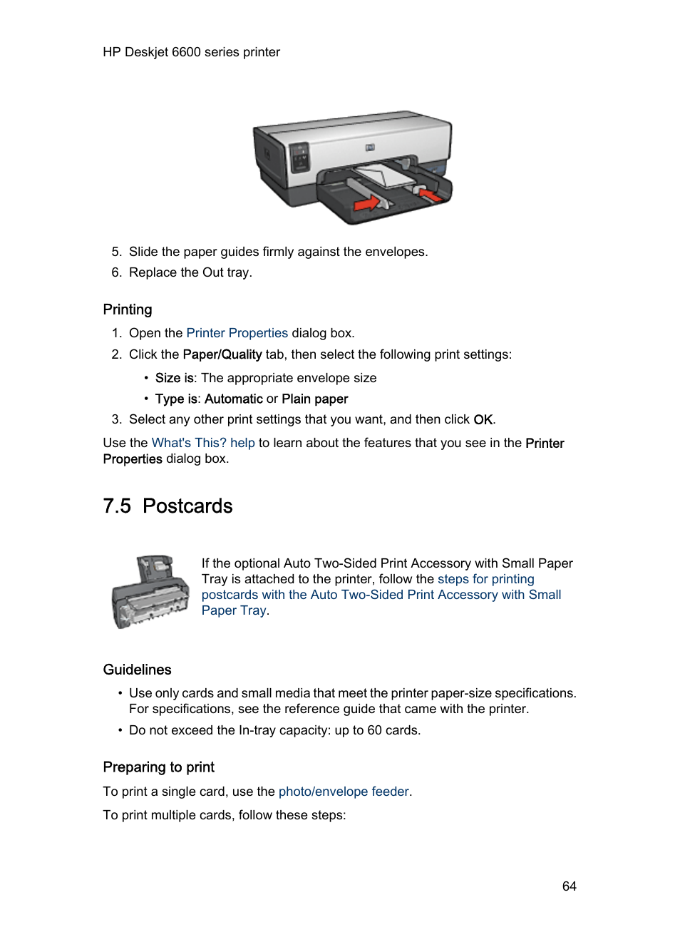 Printing, 5 postcards, Guidelines | Preparing to print, Postcards | HP Deskjet 6620 Color Inkjet Printer User Manual | Page 64 / 169