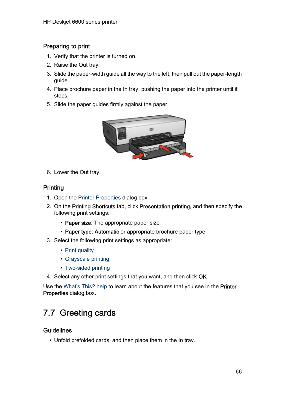 Preparing to print, Printing, 7 greeting cards | Guidelines, Greeting cards | HP Deskjet 6620 Color Inkjet Printer User Manual | Page 66 / 169