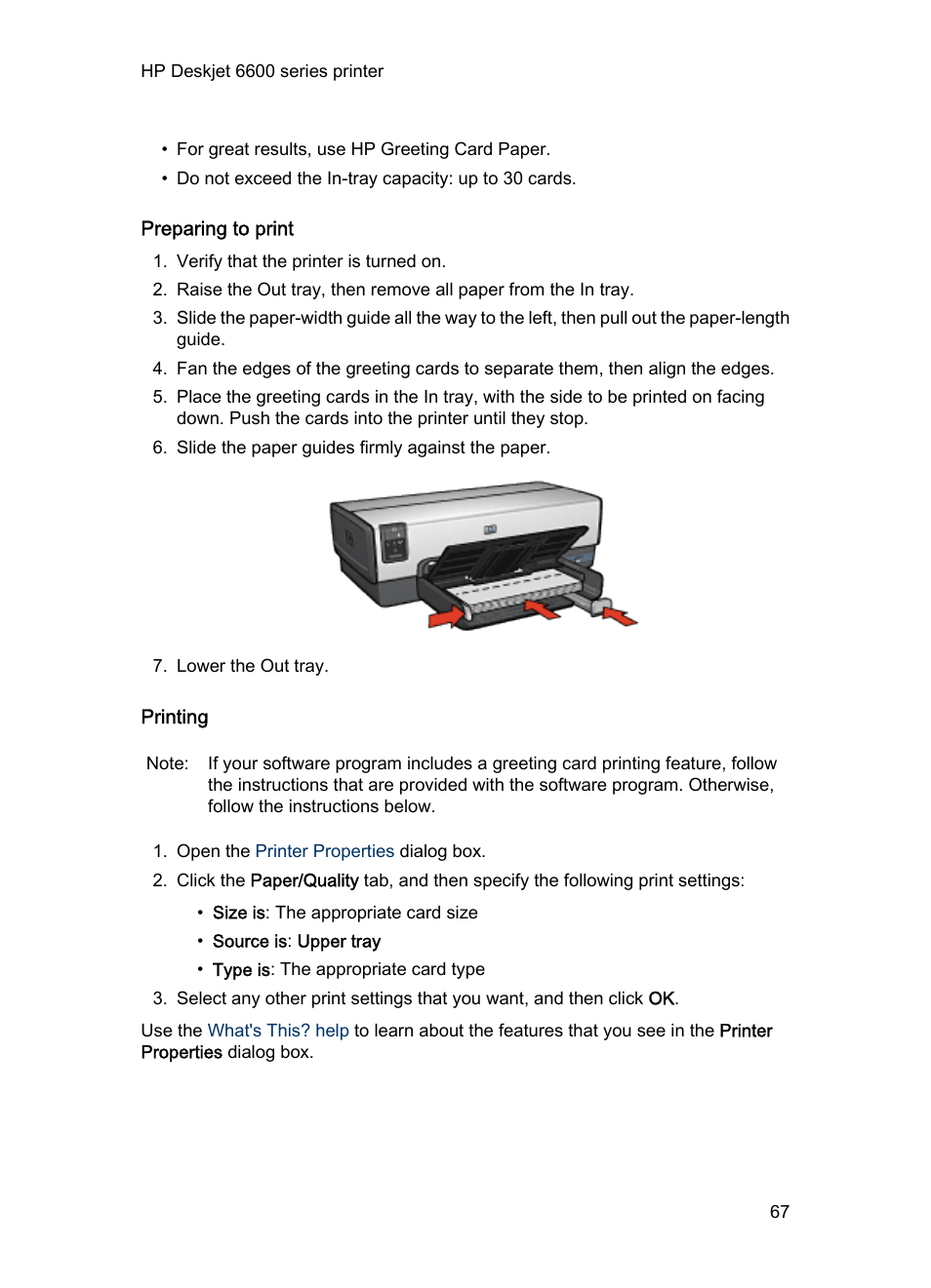 Preparing to print, Printing | HP Deskjet 6620 Color Inkjet Printer User Manual | Page 67 / 169