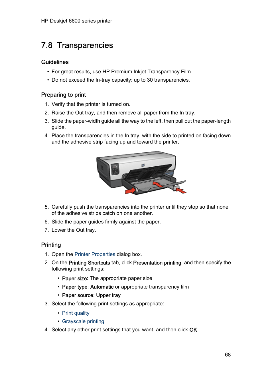 8 transparencies, Guidelines, Preparing to print | Printing, Transparencies | HP Deskjet 6620 Color Inkjet Printer User Manual | Page 68 / 169