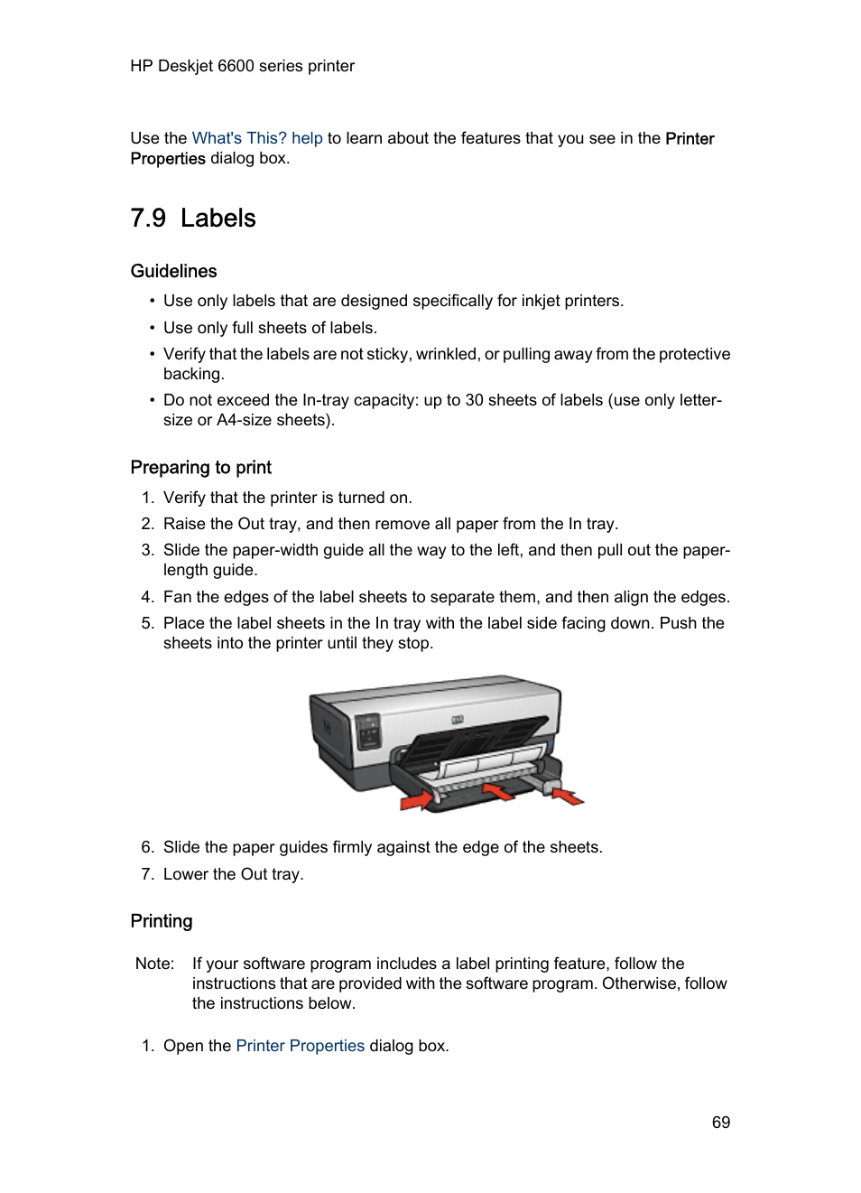 9 labels, Guidelines, Preparing to print | Printing, Labels | HP Deskjet 6620 Color Inkjet Printer User Manual | Page 69 / 169