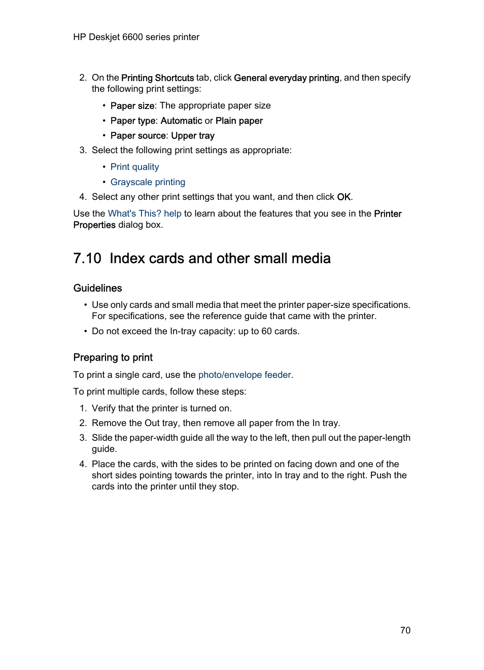 10 index cards and other small media, Guidelines, Preparing to print | Index cards | HP Deskjet 6620 Color Inkjet Printer User Manual | Page 70 / 169