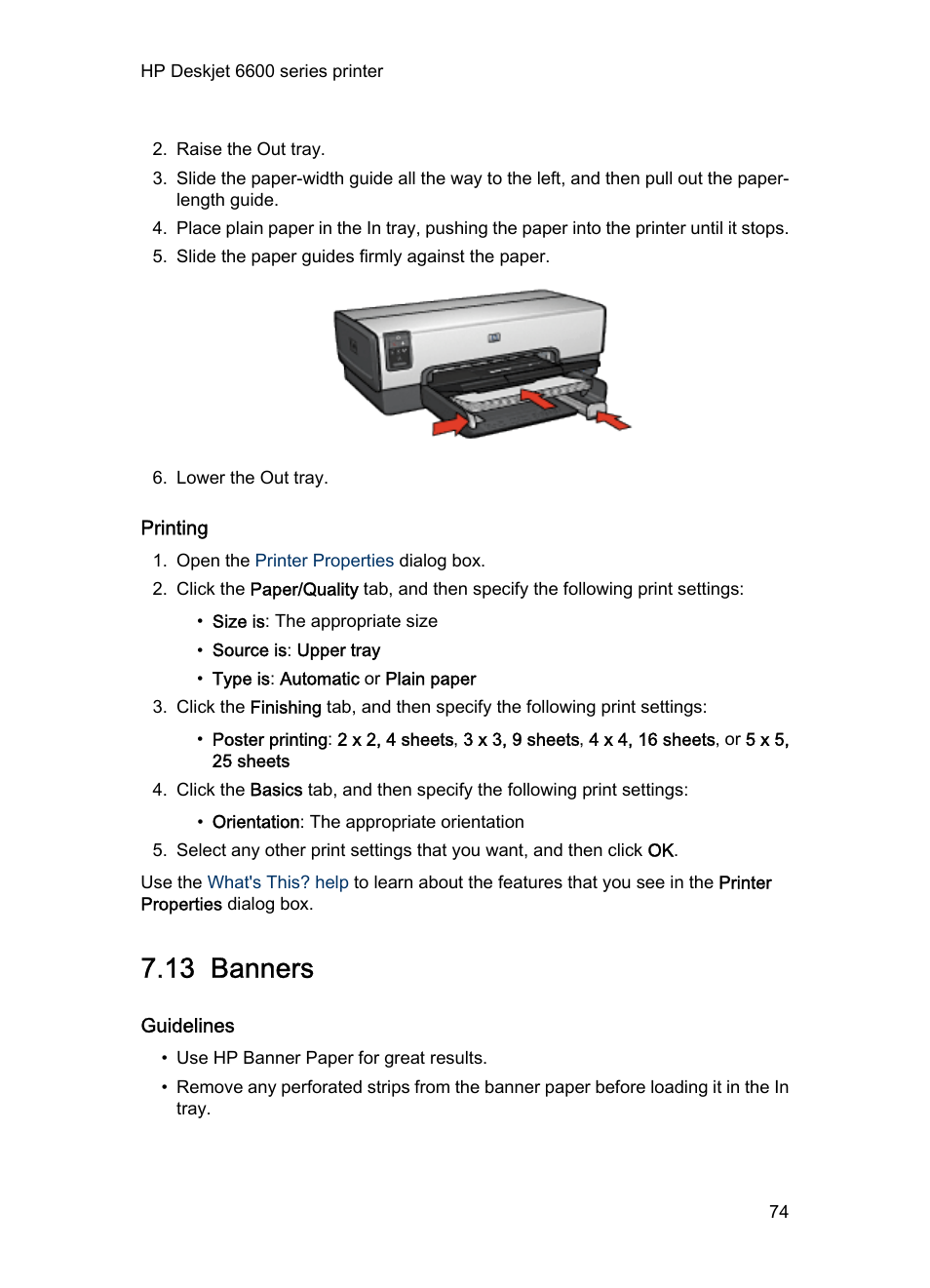 Printing, 13 banners, Guidelines | Banners | HP Deskjet 6620 Color Inkjet Printer User Manual | Page 74 / 169