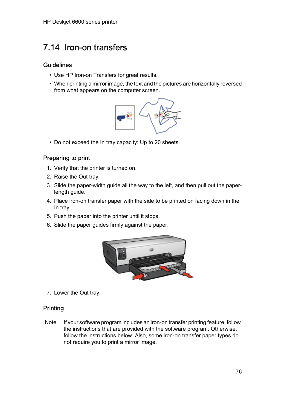 14 iron-on transfers, Guidelines, Preparing to print | Printing, Iron-on, Transfers | HP Deskjet 6620 Color Inkjet Printer User Manual | Page 76 / 169