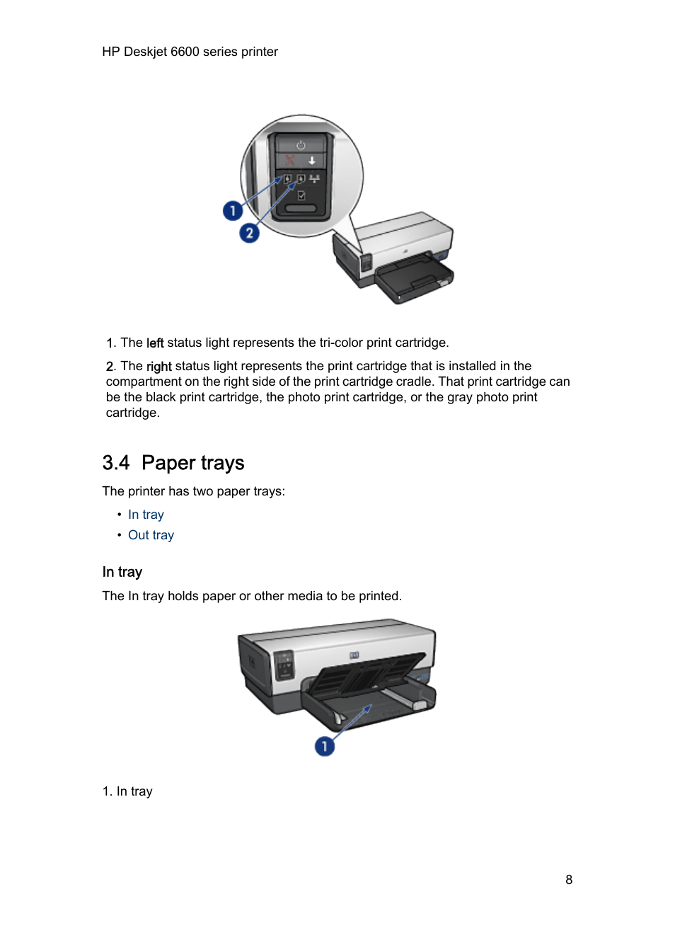 4 paper trays, In tray, Paper trays | HP Deskjet 6620 Color Inkjet Printer User Manual | Page 8 / 169