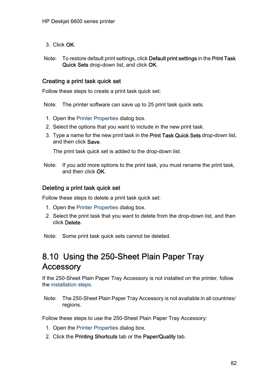 Creating a print task quick set, Deleting a print task quick set, 10 using the 250-sheet plain paper tray accessory | HP Deskjet 6620 Color Inkjet Printer User Manual | Page 82 / 169