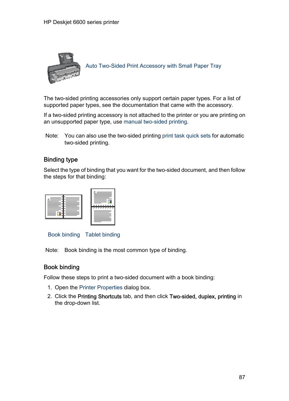 Binding type, Book binding | HP Deskjet 6620 Color Inkjet Printer User Manual | Page 87 / 169