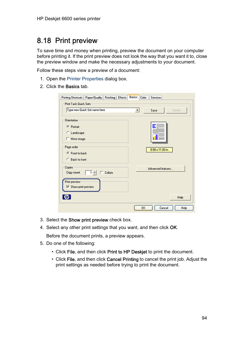 18 print preview, Preview | HP Deskjet 6620 Color Inkjet Printer User Manual | Page 94 / 169