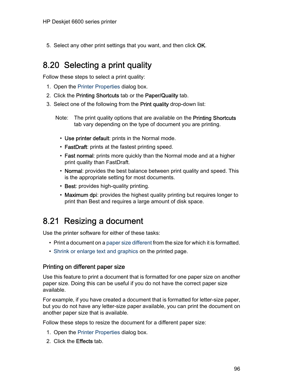 20 selecting a print quality, 21 resizing a document, Printing on different paper size | Print quality, Resize | HP Deskjet 6620 Color Inkjet Printer User Manual | Page 96 / 169