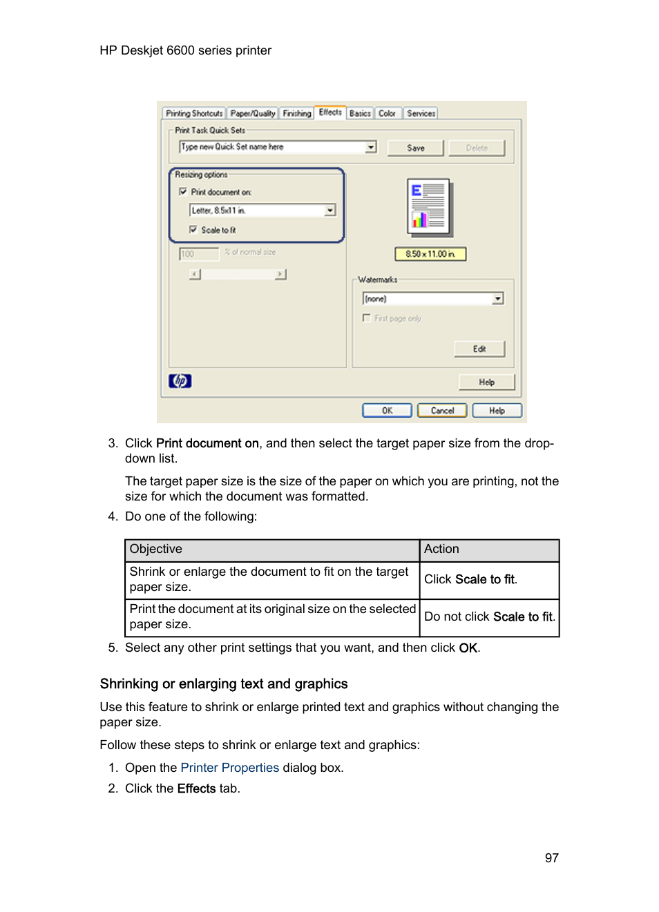 Shrinking or enlarging text and graphics, Shrink or enlarge text and graphics | HP Deskjet 6620 Color Inkjet Printer User Manual | Page 97 / 169