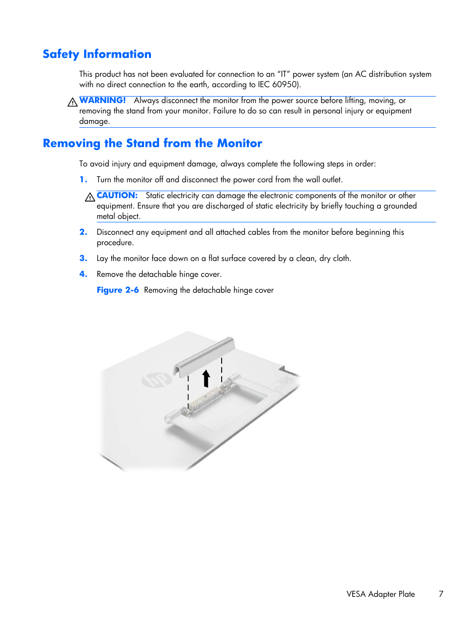 Safety information, Removing the stand from the monitor | HP x2401 24-inch LED Backlit Monitor User Manual | Page 13 / 23