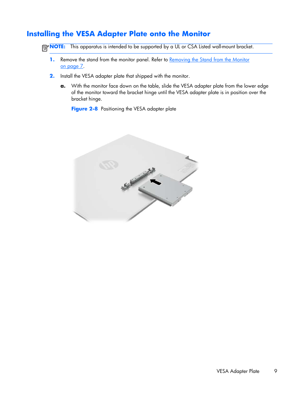Installing the vesa adapter plate onto the monitor | HP x2401 24-inch LED Backlit Monitor User Manual | Page 15 / 23