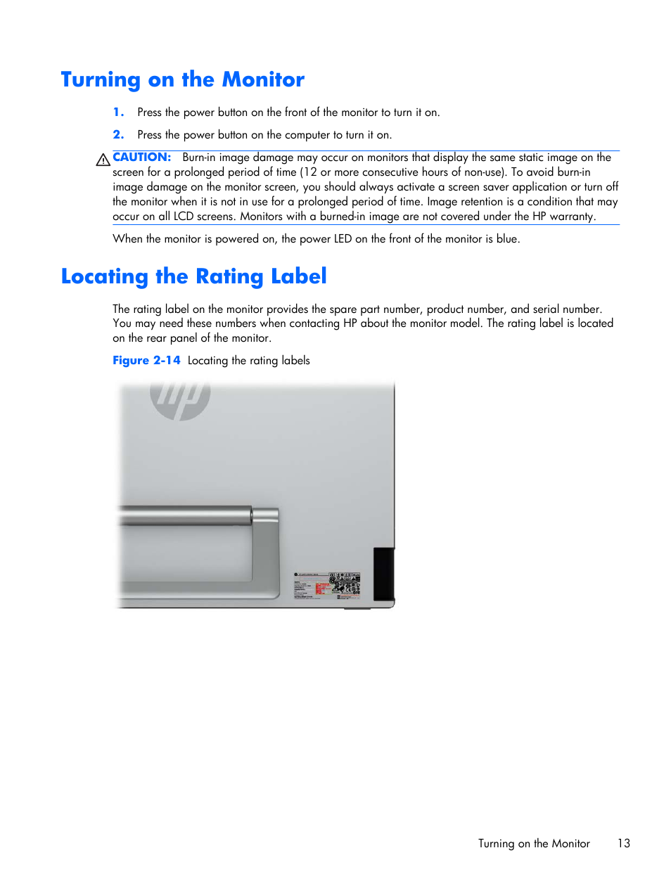 Turning on the monitor, Locating the rating label, Turning on the monitor locating the rating label | HP x2401 24-inch LED Backlit Monitor User Manual | Page 19 / 23