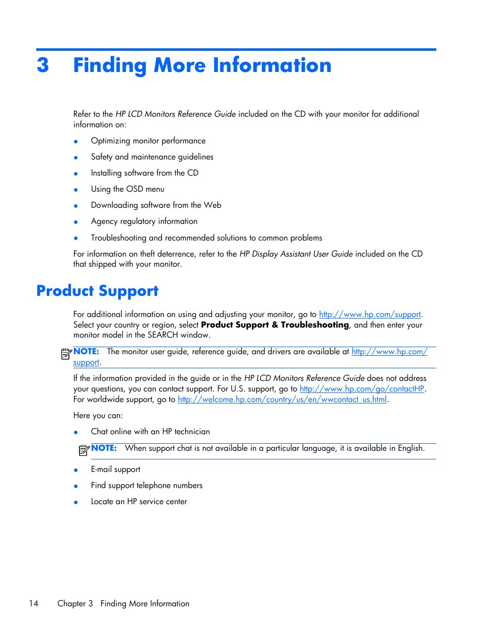 Finding more information, Product support, 3 finding more information | HP x2401 24-inch LED Backlit Monitor User Manual | Page 20 / 23