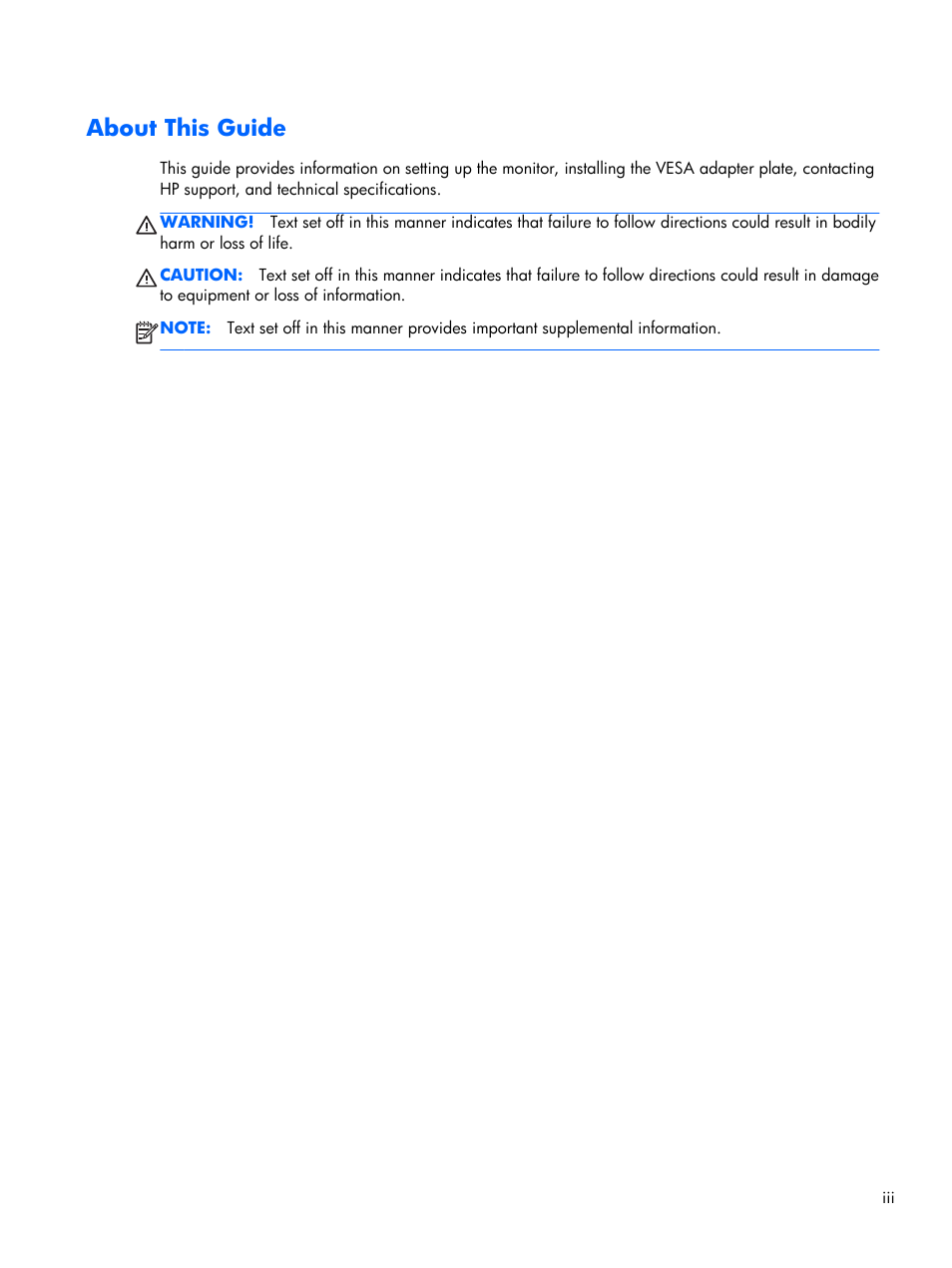 About this guide | HP x2401 24-inch LED Backlit Monitor User Manual | Page 3 / 23