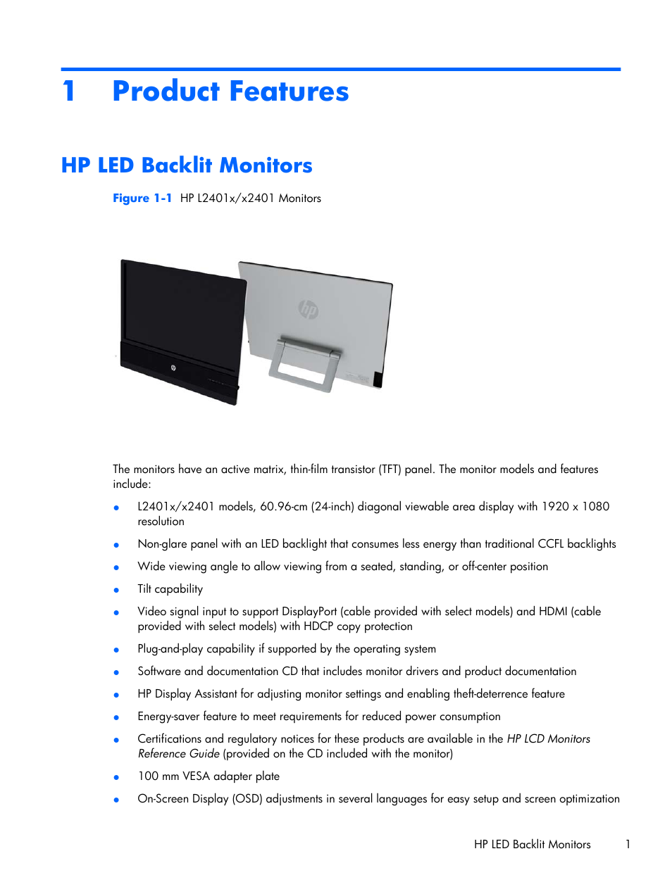 Product features, Hp led backlit monitors, 1 product features | HP x2401 24-inch LED Backlit Monitor User Manual | Page 7 / 23