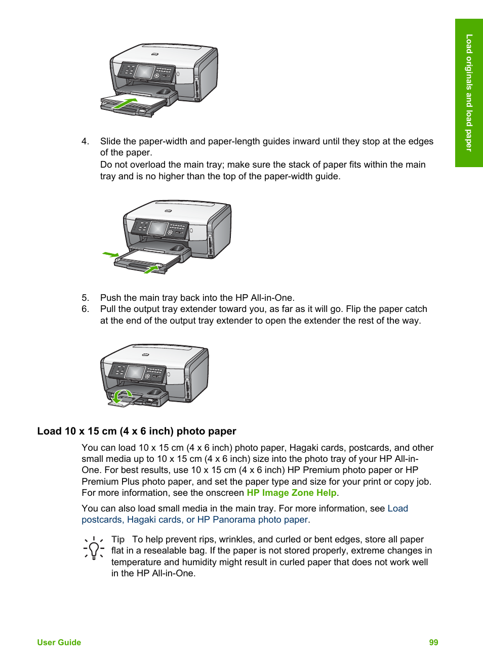 Load 10 x 15 cm (4 x 6 inch) photo paper | HP Photosmart 3310 All-in-One Printer User Manual | Page 102 / 212