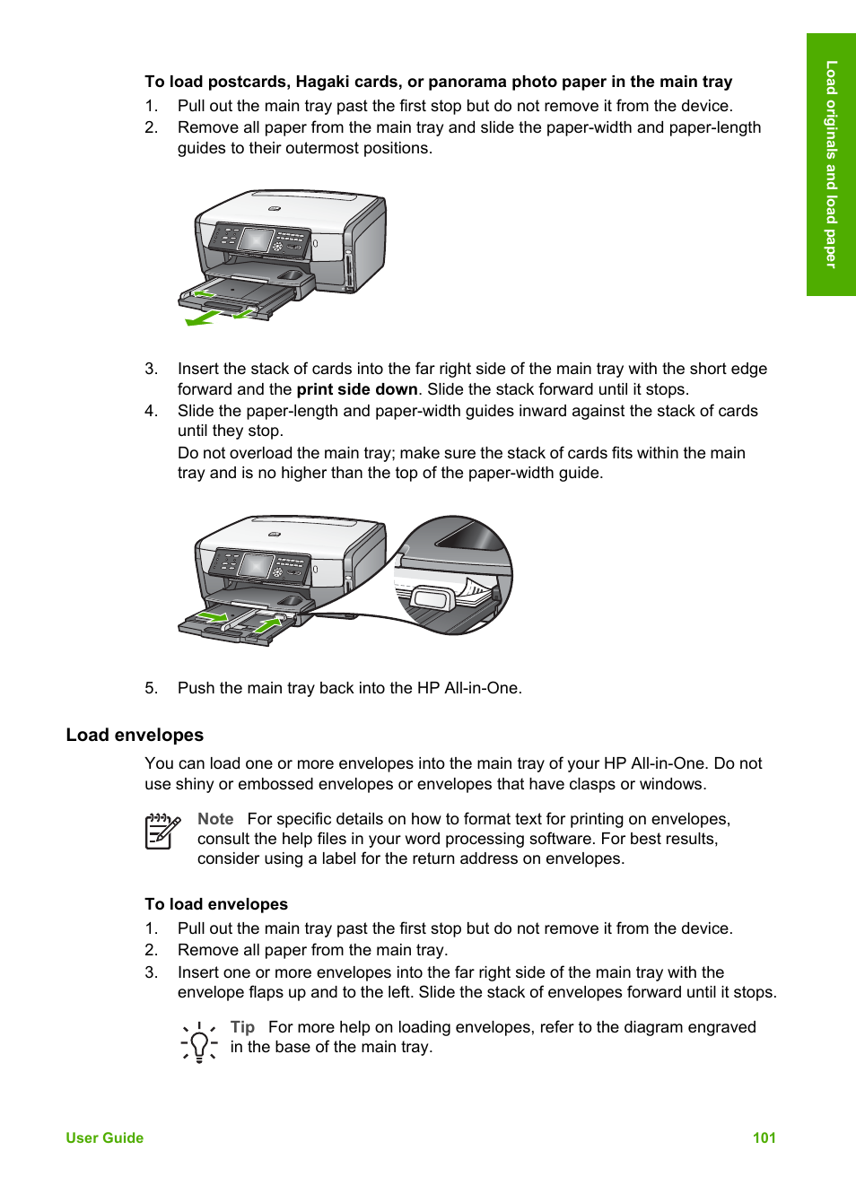 Load envelopes | HP Photosmart 3310 All-in-One Printer User Manual | Page 104 / 212