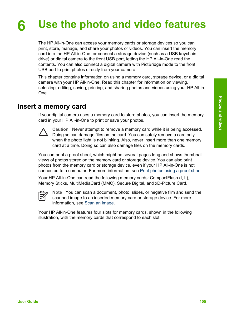Use the photo and video features, Insert a memory card | HP Photosmart 3310 All-in-One Printer User Manual | Page 108 / 212