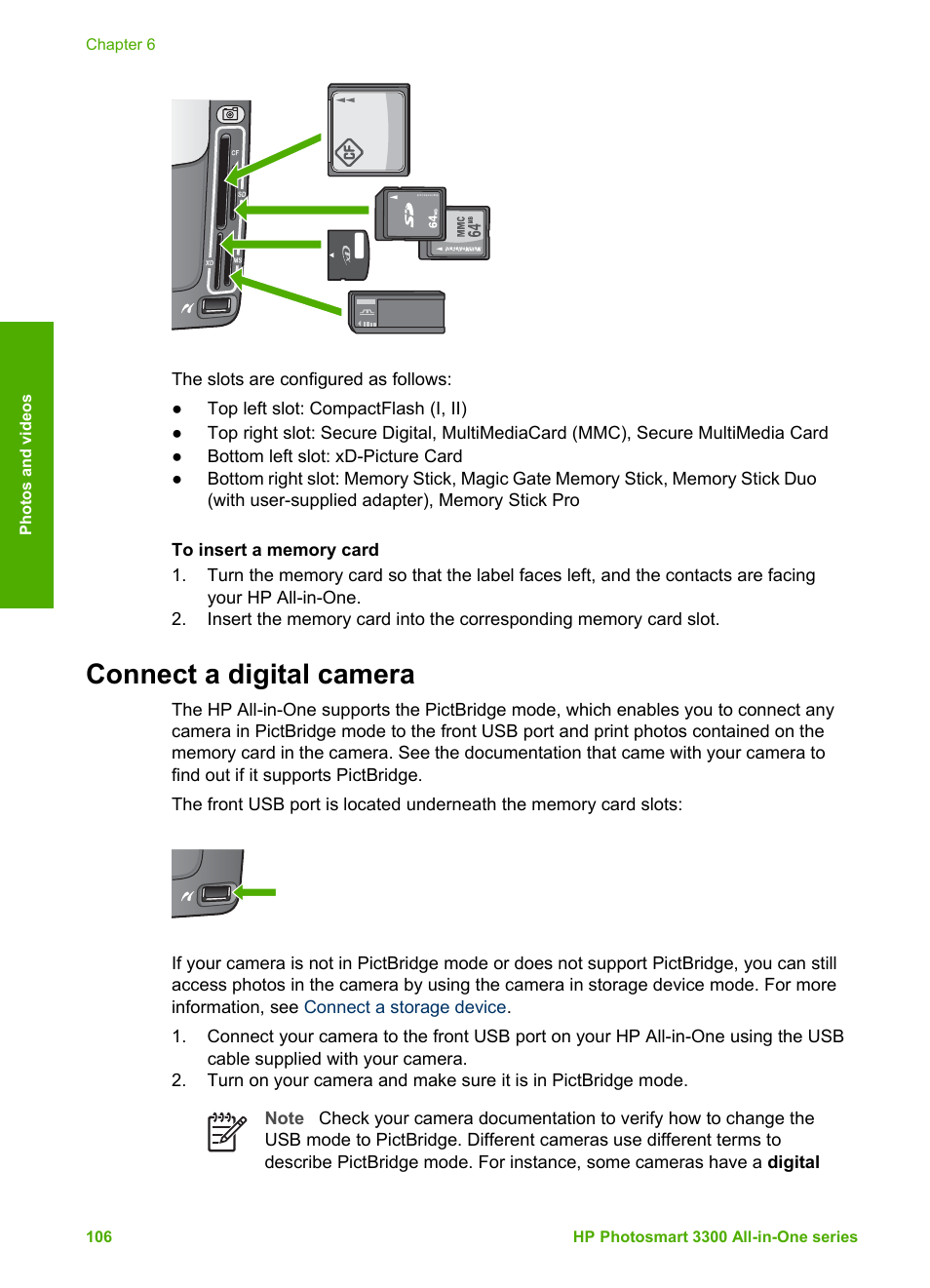 Connect a digital camera | HP Photosmart 3310 All-in-One Printer User Manual | Page 109 / 212