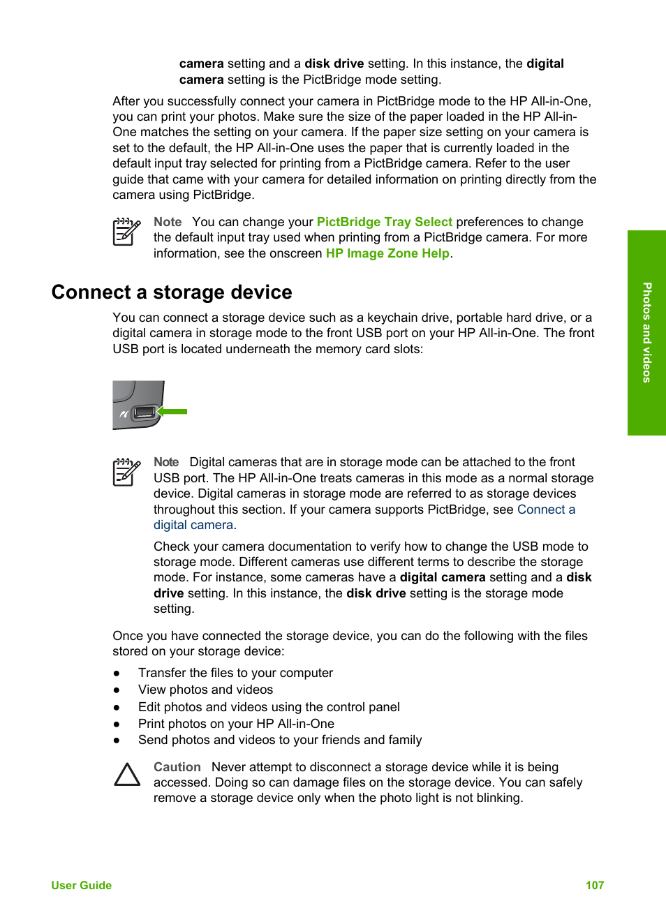 Connect a storage device | HP Photosmart 3310 All-in-One Printer User Manual | Page 110 / 212