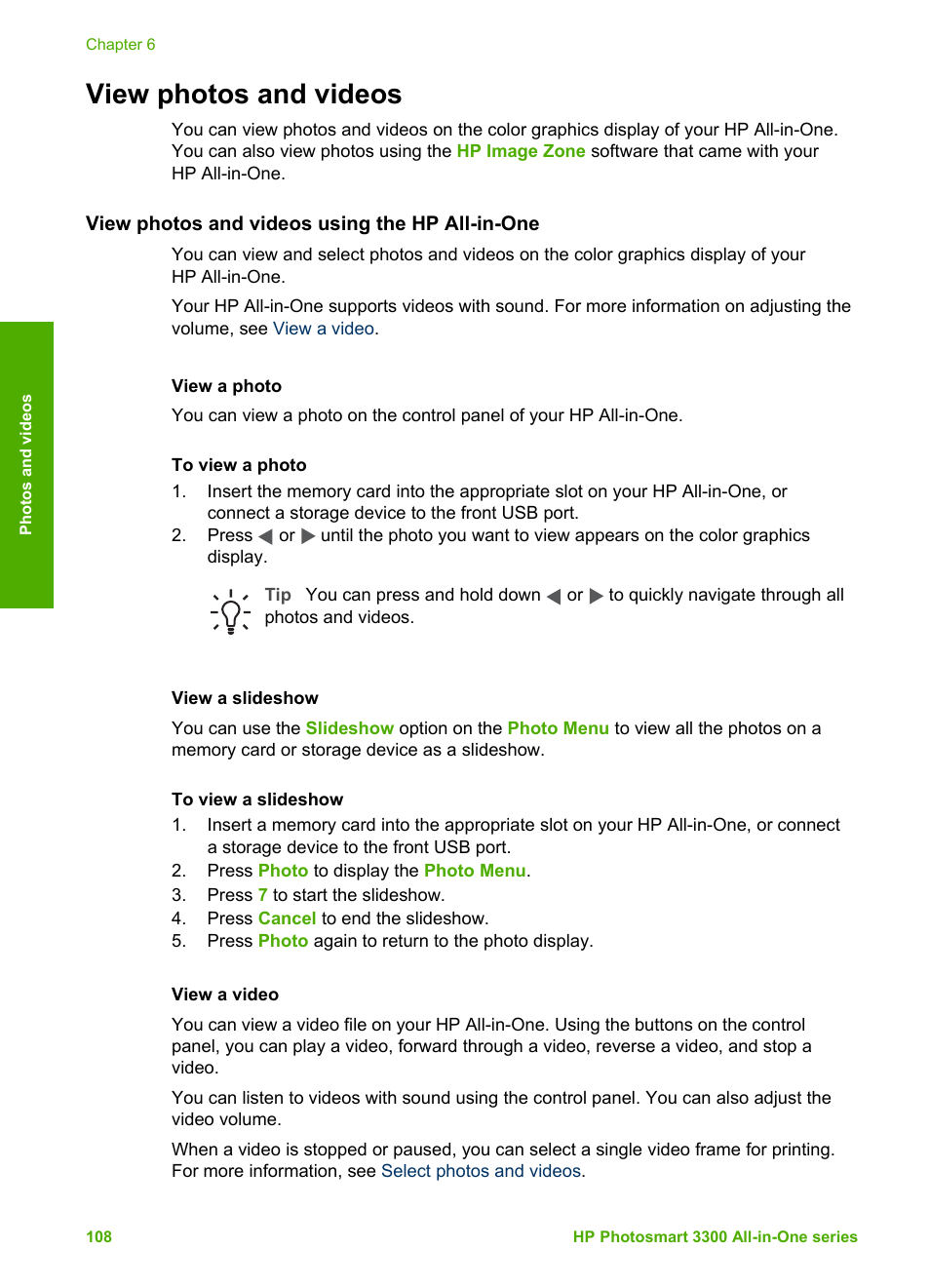 View photos and videos, View photos and videos using the hp all-in-one, View a photo | View a slideshow, View a video | HP Photosmart 3310 All-in-One Printer User Manual | Page 111 / 212