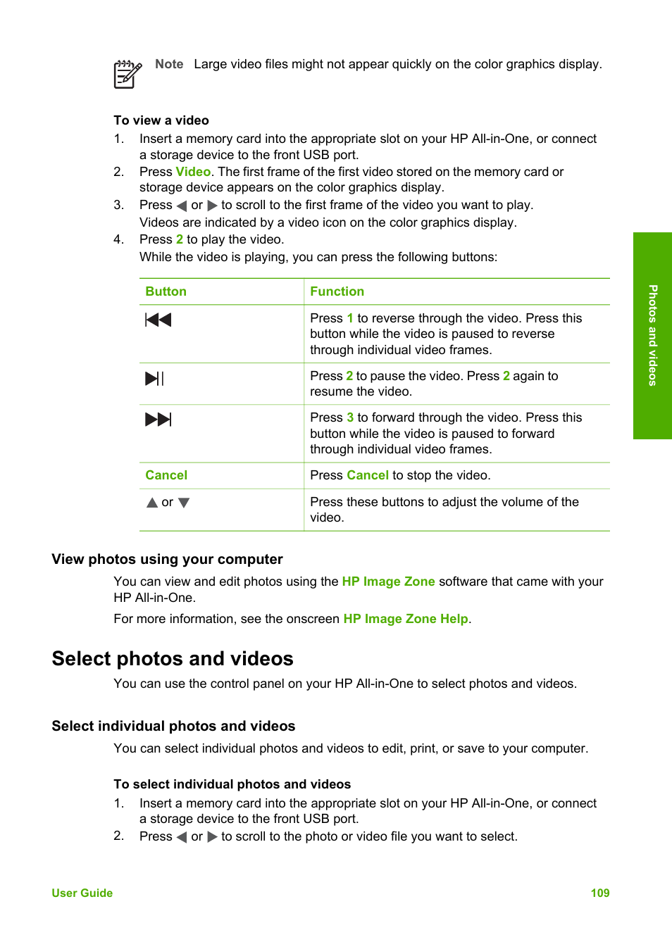 View photos using your computer, Select photos and videos, Select individual photos and videos | Information, see | HP Photosmart 3310 All-in-One Printer User Manual | Page 112 / 212