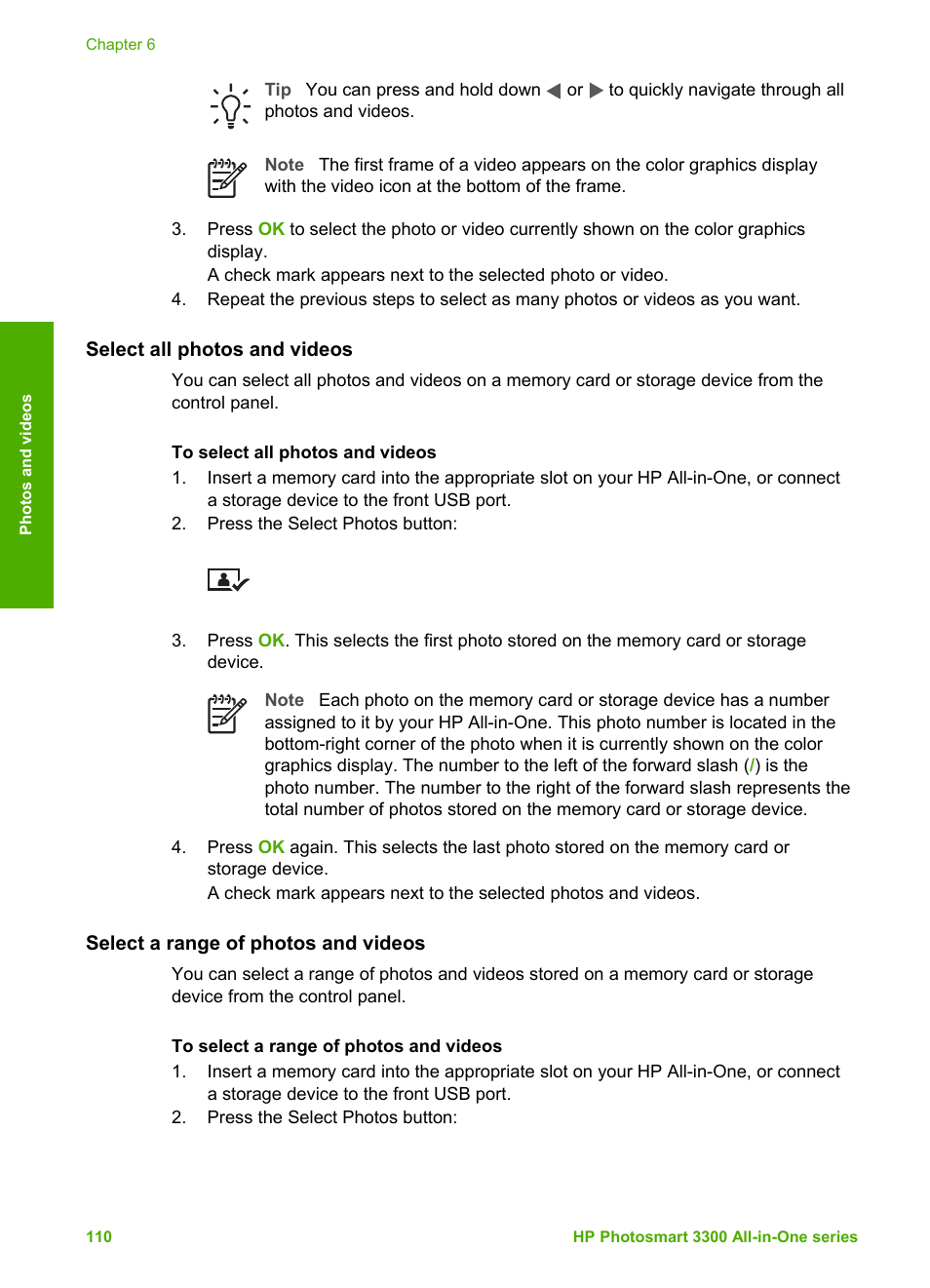 Select all photos and videos, Select a range of photos and videos | HP Photosmart 3310 All-in-One Printer User Manual | Page 113 / 212