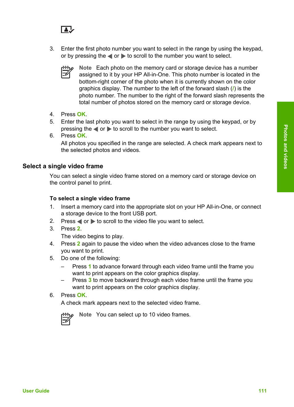 Select a single video frame | HP Photosmart 3310 All-in-One Printer User Manual | Page 114 / 212