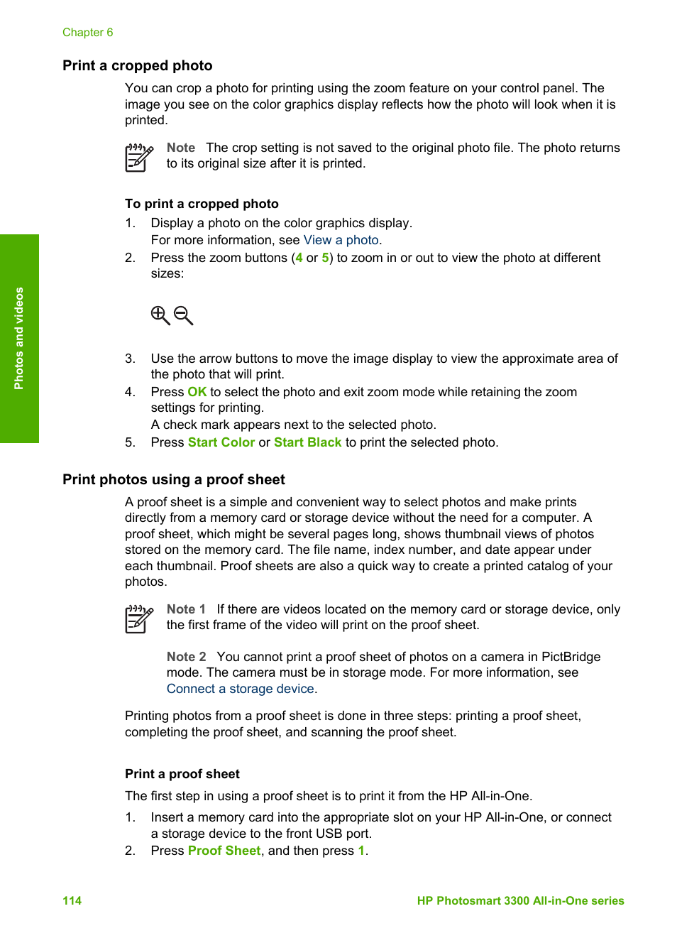 Print a cropped photo, Print photos using a proof sheet, Print a proof sheet | HP Photosmart 3310 All-in-One Printer User Manual | Page 117 / 212