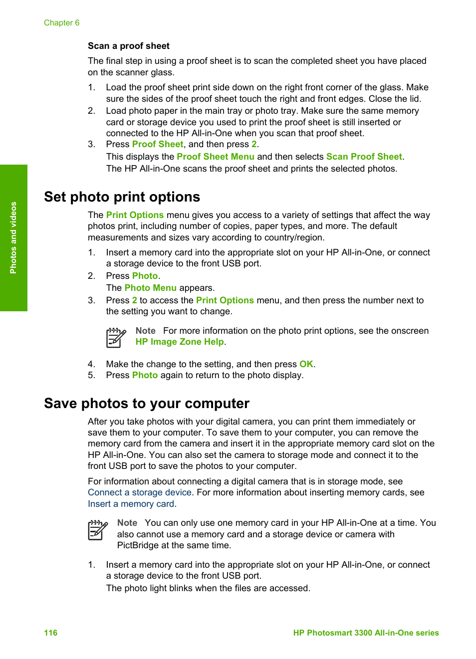 Set photo print options, Save photos to your computer | HP Photosmart 3310 All-in-One Printer User Manual | Page 119 / 212