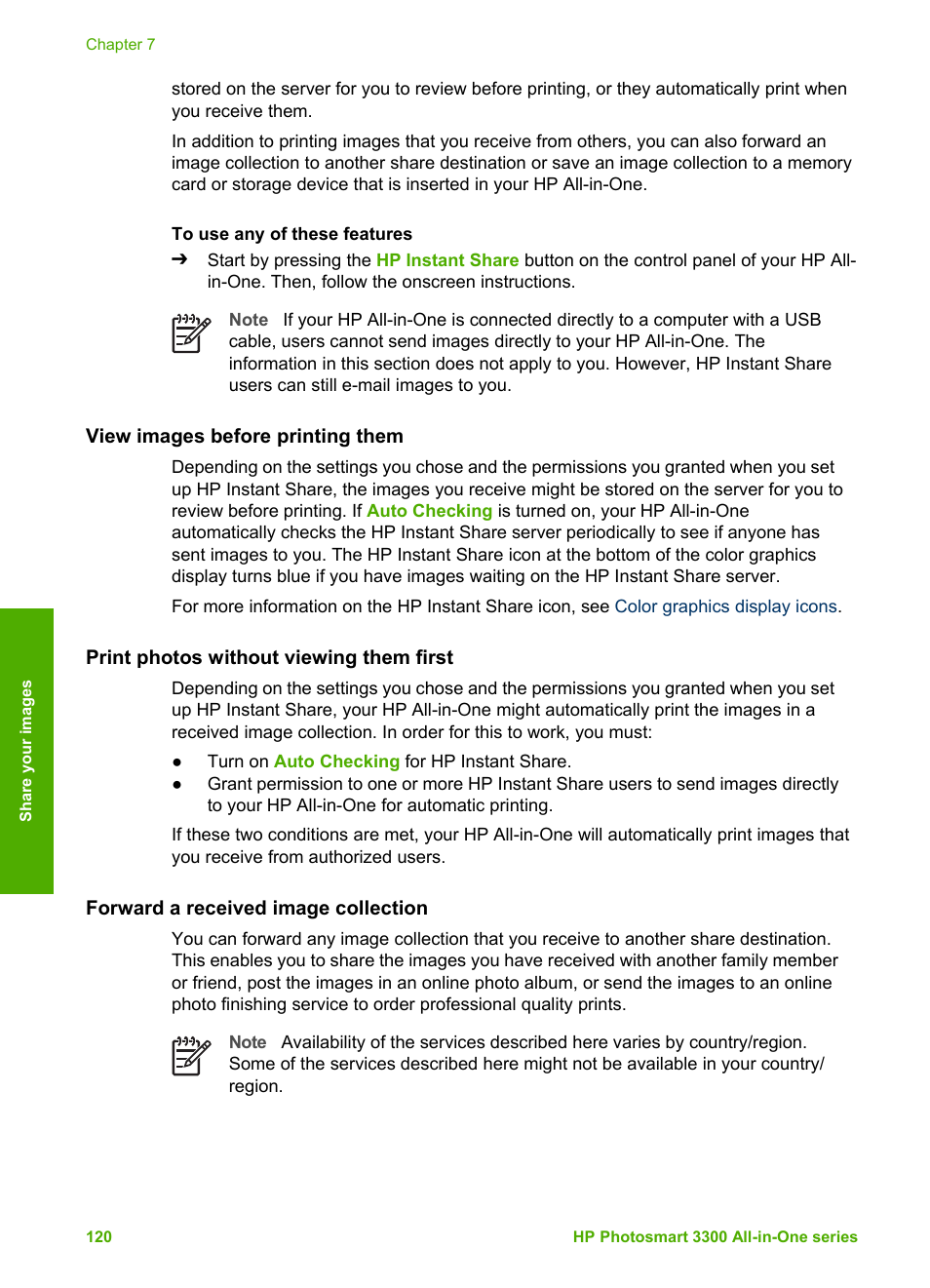 View images before printing them, Print photos without viewing them first, Forward a received image collection | HP Photosmart 3310 All-in-One Printer User Manual | Page 123 / 212