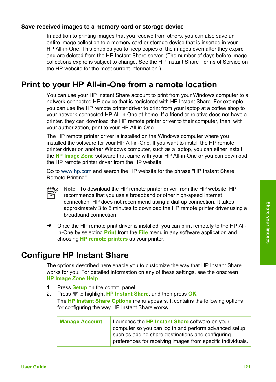 Print to your hp all-in-one from a remote location, Configure hp instant share | HP Photosmart 3310 All-in-One Printer User Manual | Page 124 / 212