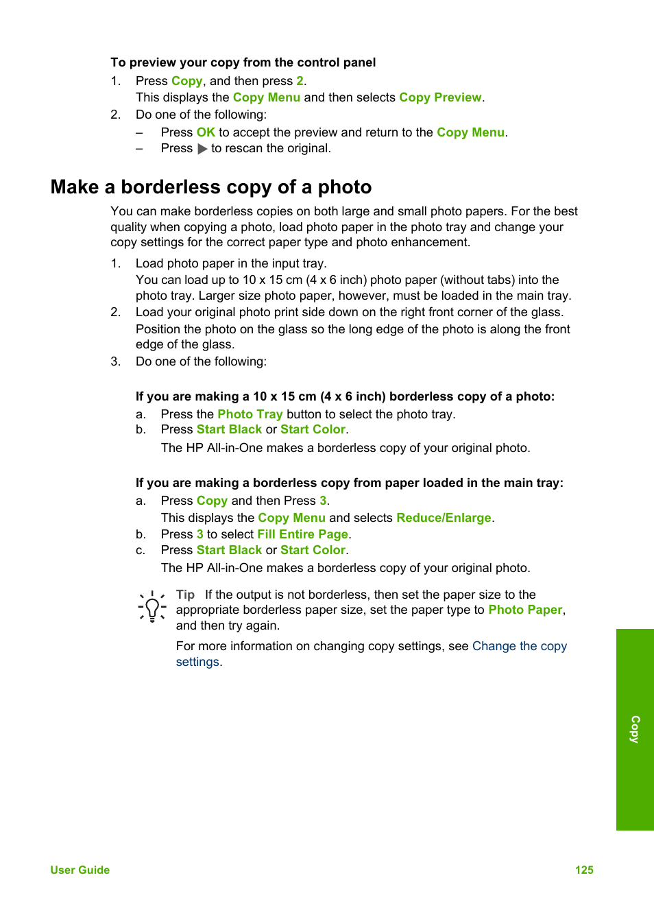 Make a borderless copy of a photo | HP Photosmart 3310 All-in-One Printer User Manual | Page 128 / 212