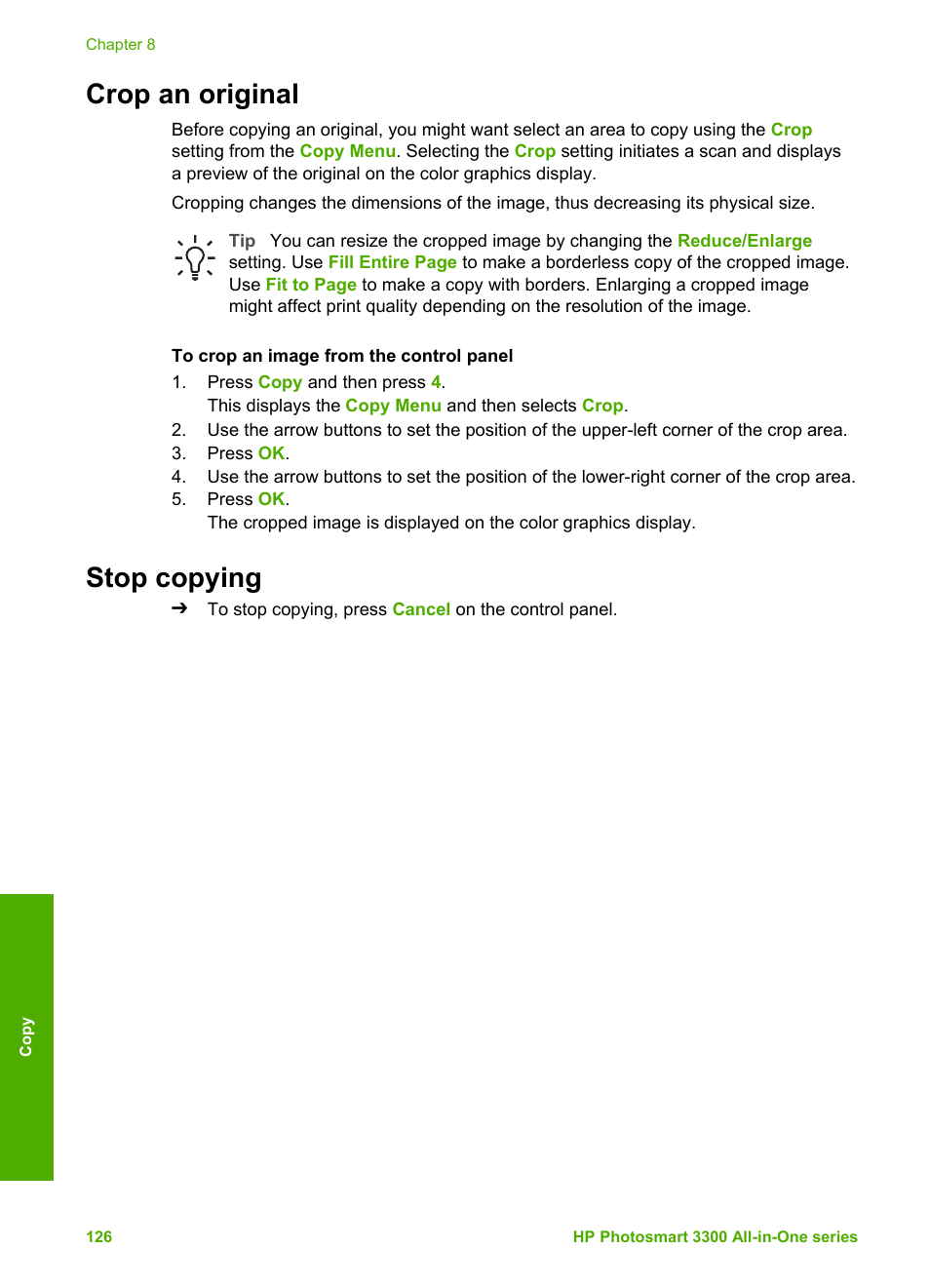 Crop an original, Stop copying, Crop an original stop copying | HP Photosmart 3310 All-in-One Printer User Manual | Page 129 / 212
