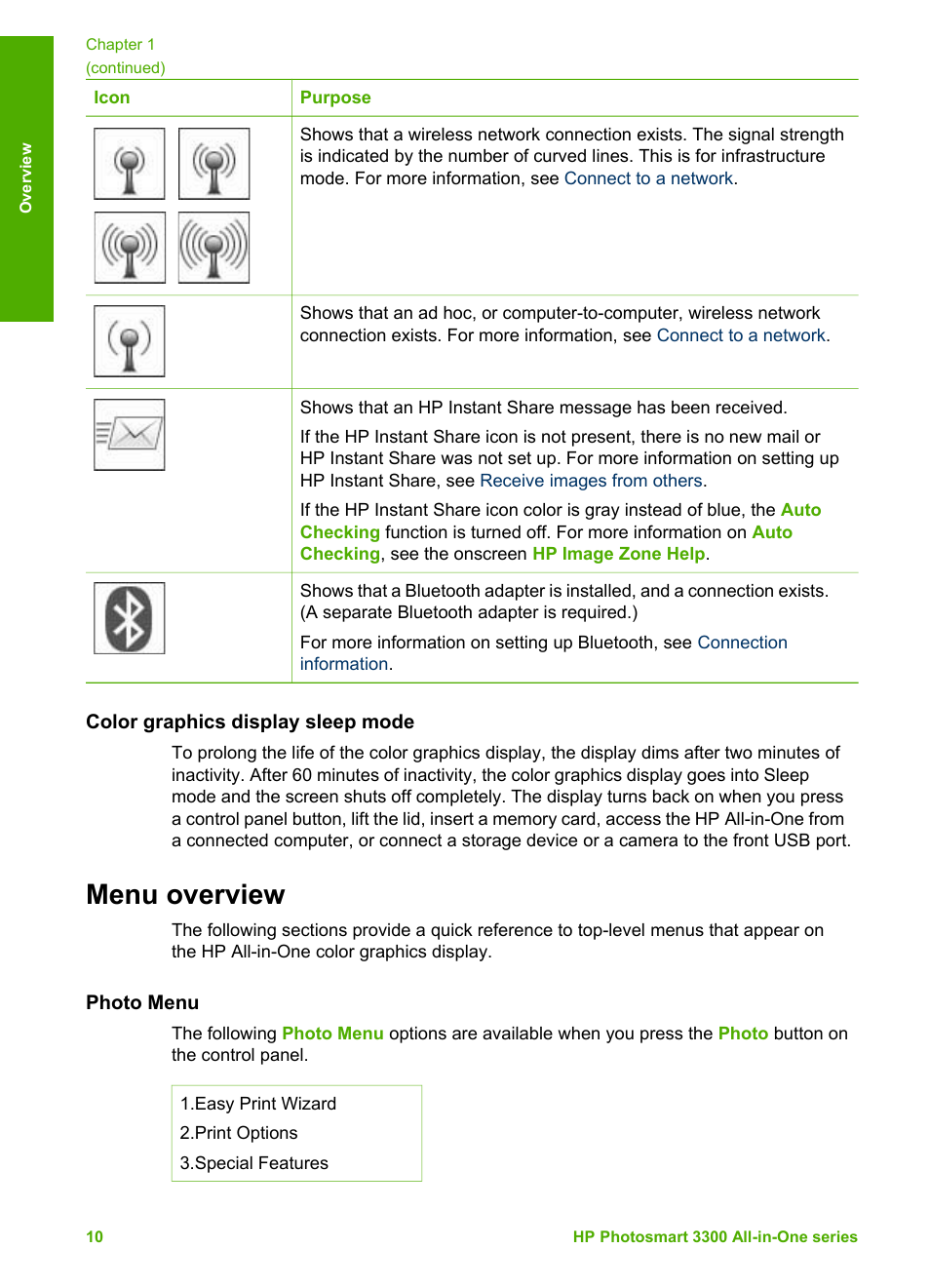 Color graphics display sleep mode, Menu overview, Photo menu | HP Photosmart 3310 All-in-One Printer User Manual | Page 13 / 212