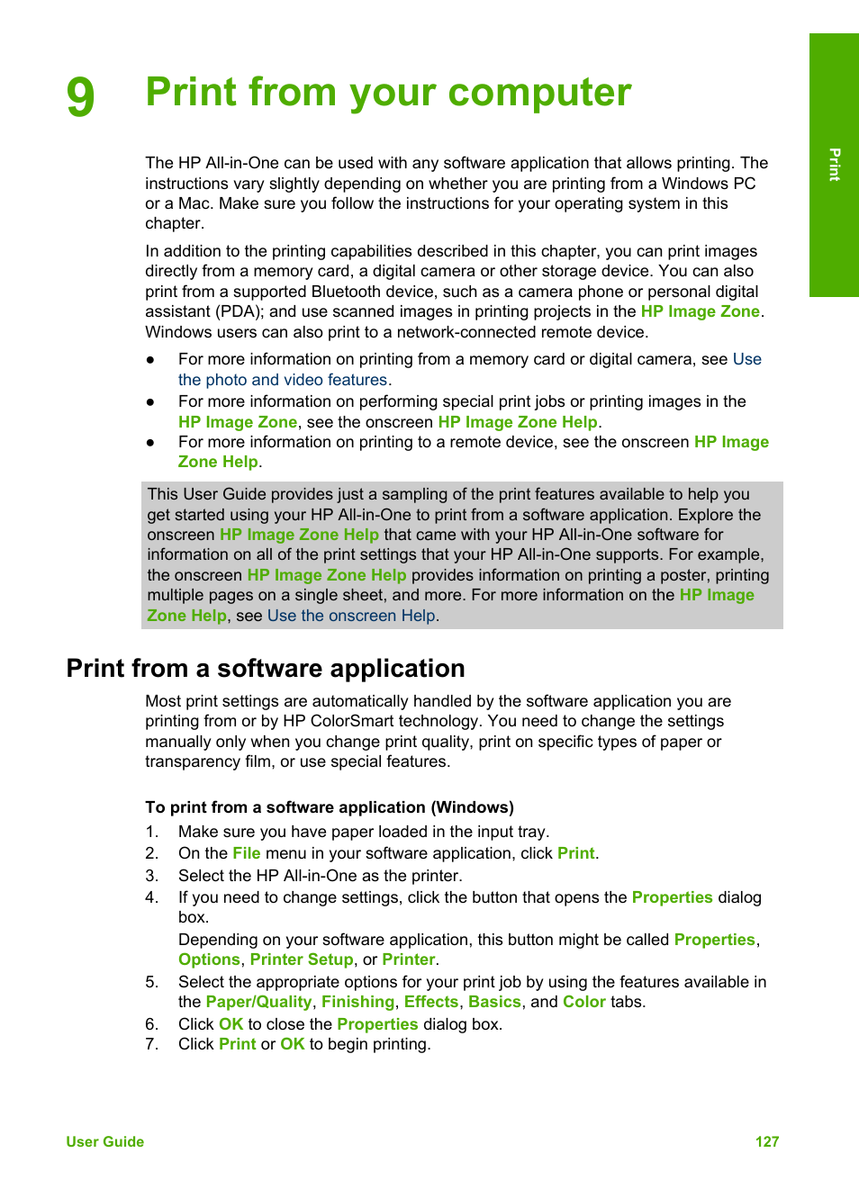 Print from your computer, Print from a software application | HP Photosmart 3310 All-in-One Printer User Manual | Page 130 / 212