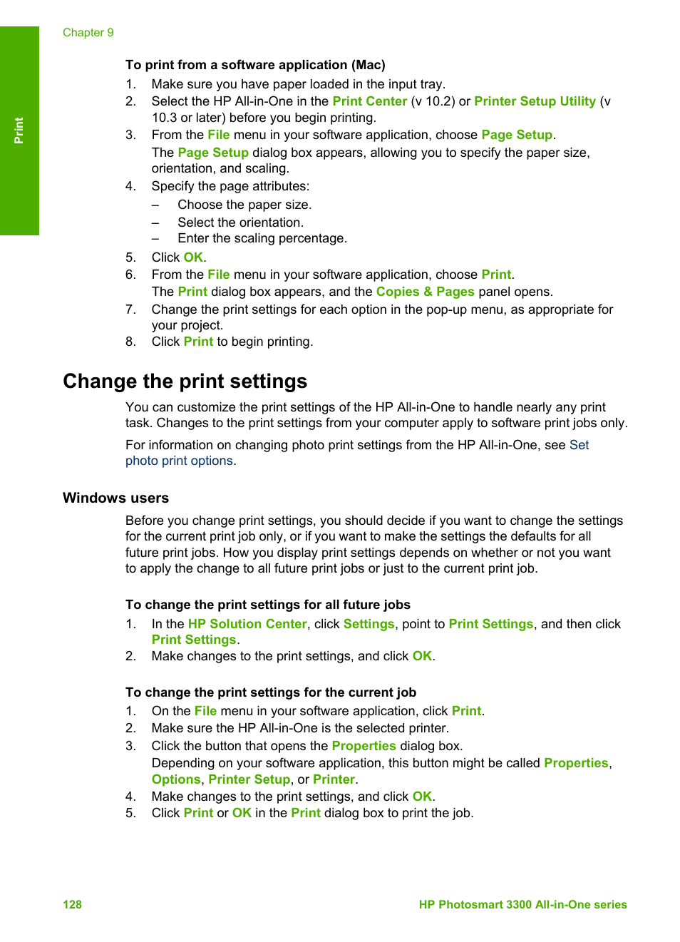 Change the print settings, Windows users | HP Photosmart 3310 All-in-One Printer User Manual | Page 131 / 212