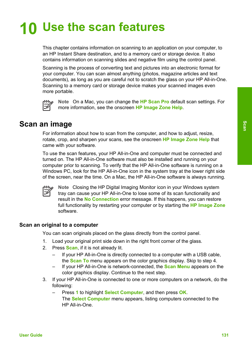 Use the scan features, Scan an image, Scan an original to a computer | 10 use the scan features | HP Photosmart 3310 All-in-One Printer User Manual | Page 134 / 212