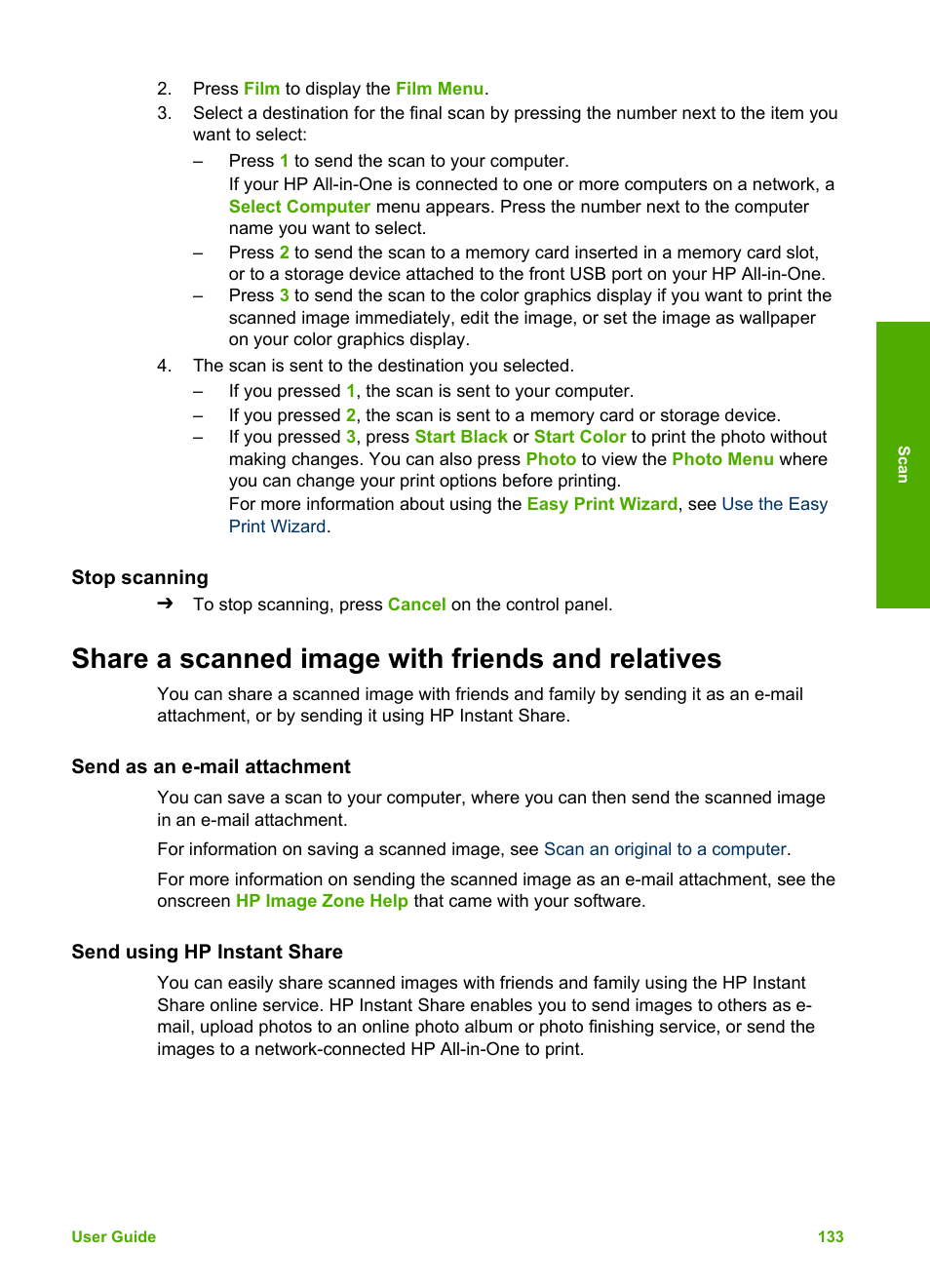 Stop scanning, Share a scanned image with friends and relatives, Send as an e-mail attachment | Send using hp instant share | HP Photosmart 3310 All-in-One Printer User Manual | Page 136 / 212