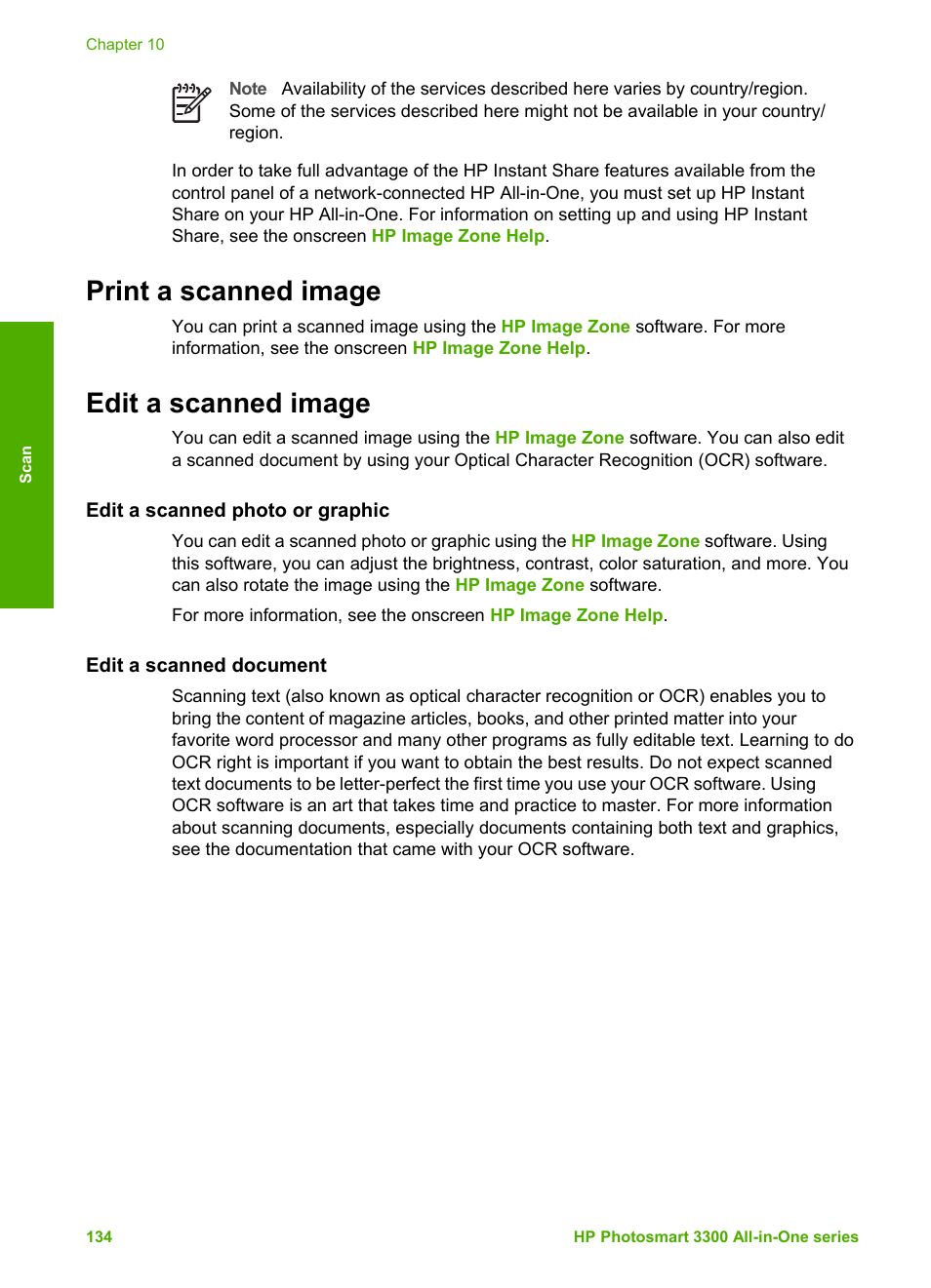 Print a scanned image, Edit a scanned image, Edit a scanned photo or graphic | Edit a scanned document, Print a scanned image edit a scanned image | HP Photosmart 3310 All-in-One Printer User Manual | Page 137 / 212