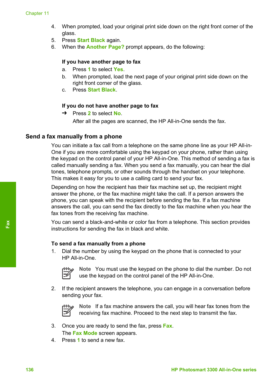 Send a fax manually from a phone, Send, A fax manually from a phone | HP Photosmart 3310 All-in-One Printer User Manual | Page 139 / 212