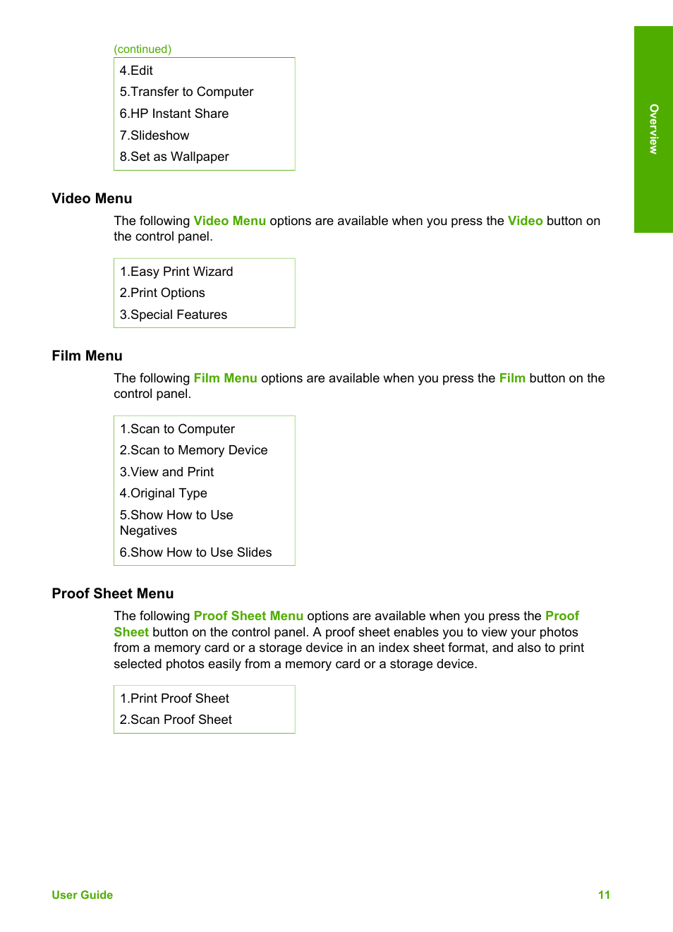 Video menu, Film menu, Proof sheet menu | HP Photosmart 3310 All-in-One Printer User Manual | Page 14 / 212