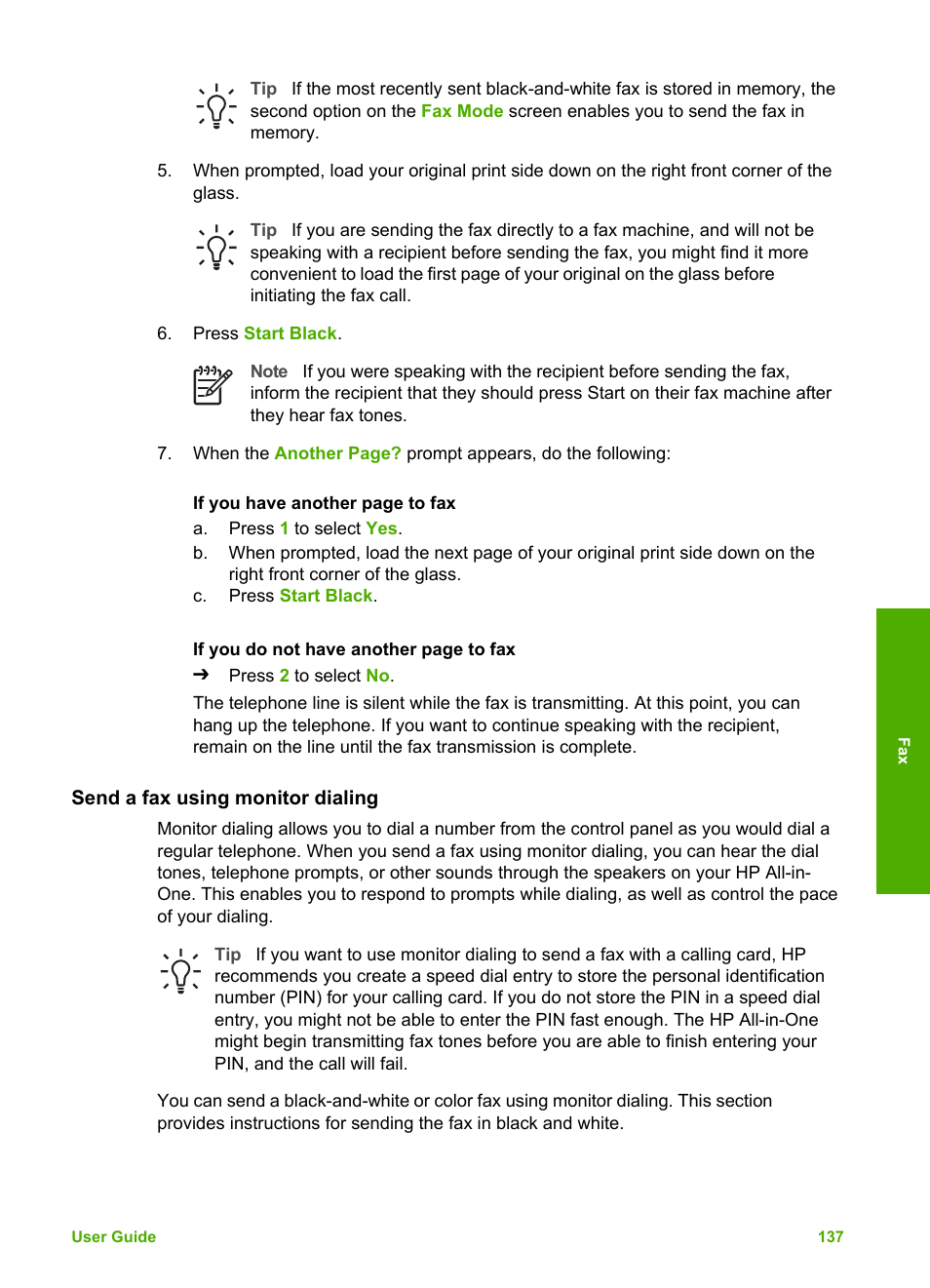 Send a fax using monitor dialing, Send a fax, Using monitor dialing | HP Photosmart 3310 All-in-One Printer User Manual | Page 140 / 212