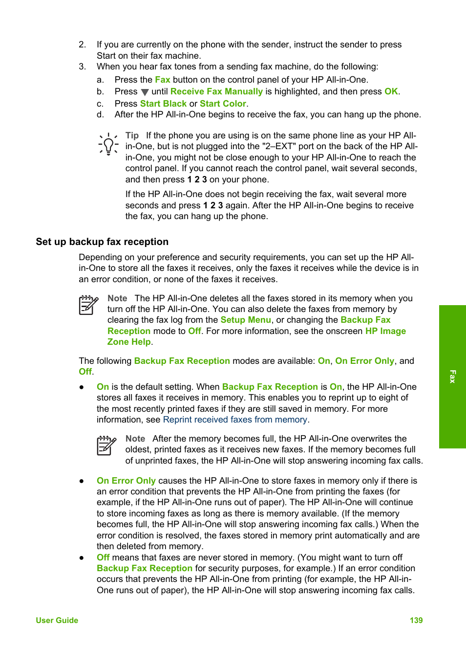 Set up backup fax reception | HP Photosmart 3310 All-in-One Printer User Manual | Page 142 / 212