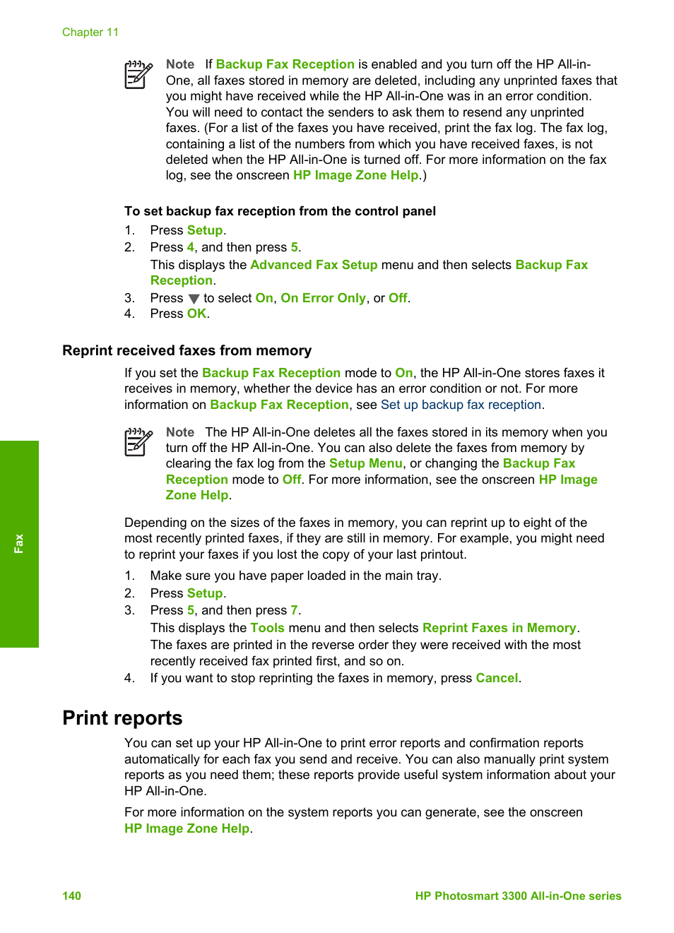 Reprint received faxes from memory, Print reports | HP Photosmart 3310 All-in-One Printer User Manual | Page 143 / 212