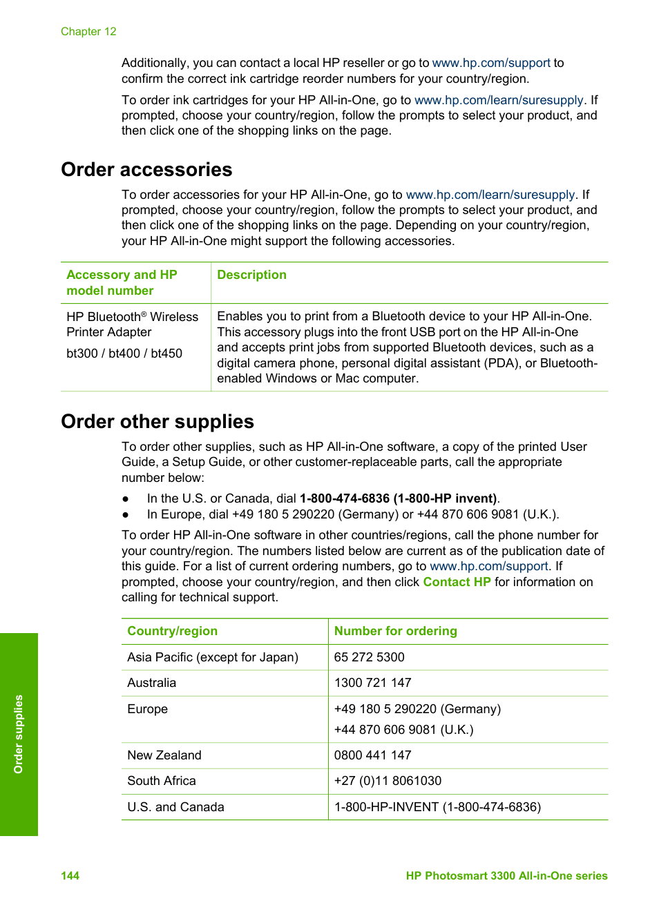 Order accessories, Order other supplies, Order accessories order other supplies | HP Photosmart 3310 All-in-One Printer User Manual | Page 147 / 212