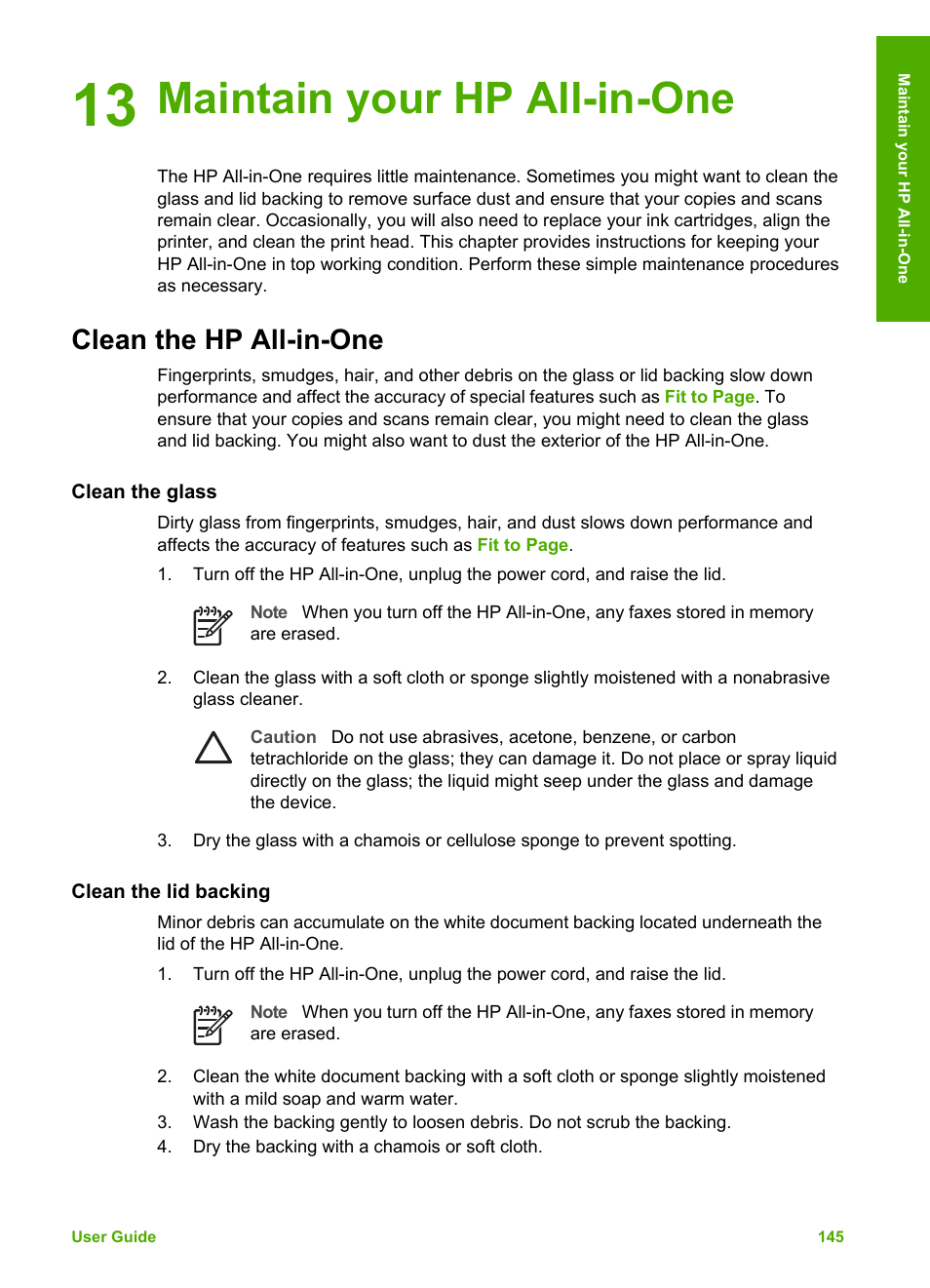 Maintain your hp all-in-one, Clean the hp all-in-one, Clean the glass | Clean the lid backing, 13 maintain your hp all-in-one | HP Photosmart 3310 All-in-One Printer User Manual | Page 148 / 212