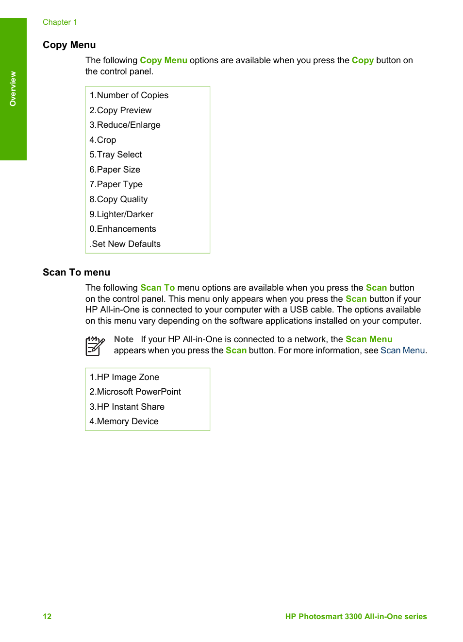 Copy menu, Scan to menu | HP Photosmart 3310 All-in-One Printer User Manual | Page 15 / 212