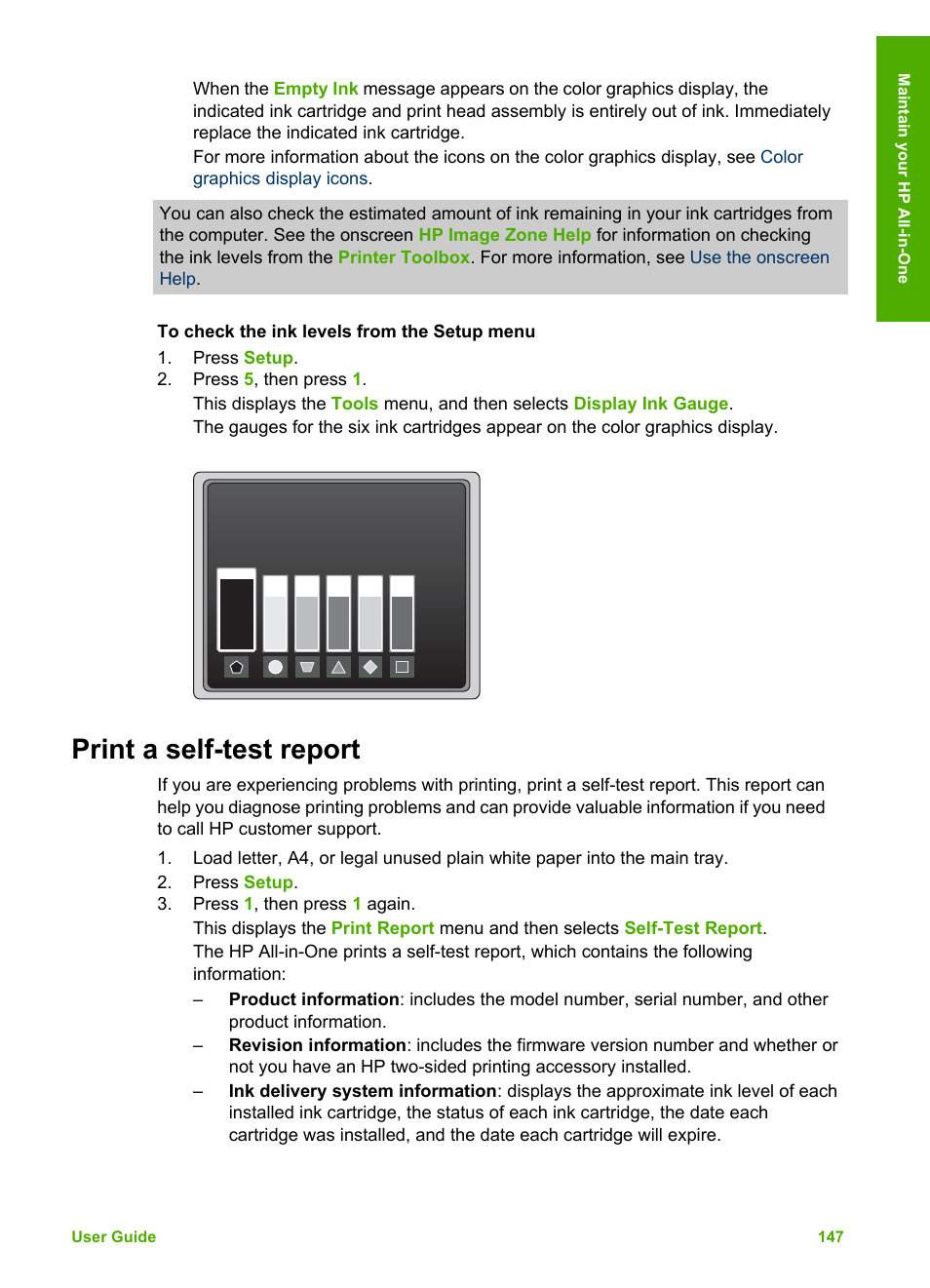 Print a self-test report, To check the ink levels from the, Setup menu | HP Photosmart 3310 All-in-One Printer User Manual | Page 150 / 212